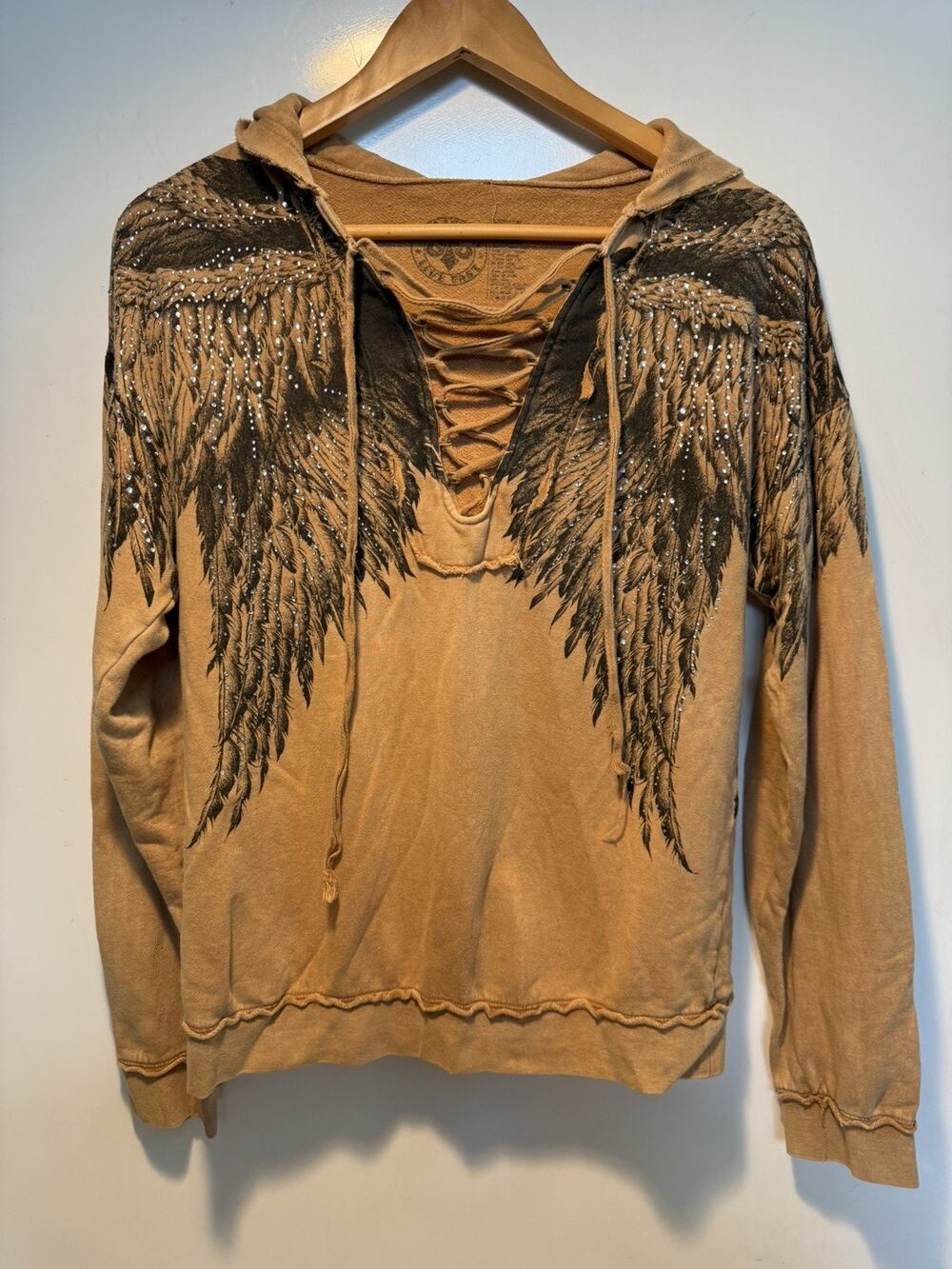 Women's Affliction Hooded Sweatshirt Wings Print Rhinestones Lace Up Size Medium